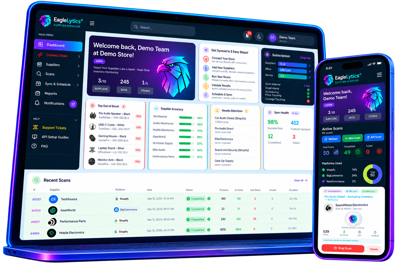 The EagleLytics dashboard on a laptop and the active scans view on a phone